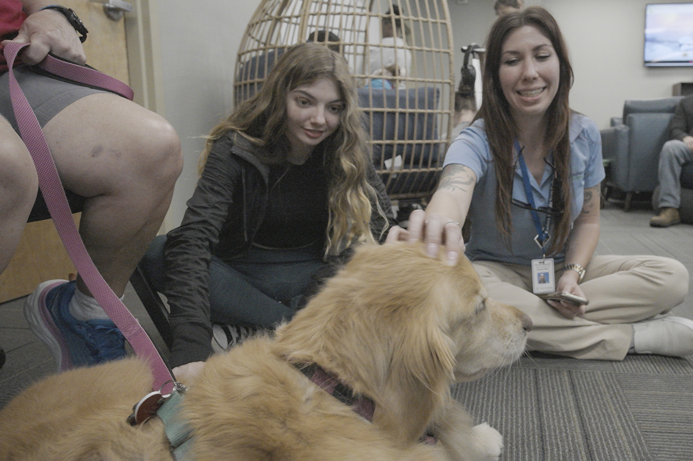 Two women sitting on the floor petting a golden retriever.