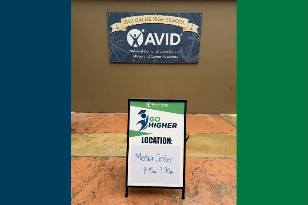 Signage at Eau Gallie High School showing an AVID National Demonstration School banner above a “Go Higher” informational stand with directions to the Media Center (8:45 a.m.–3:30 p.m.), set against a brown wall and concrete walkway.