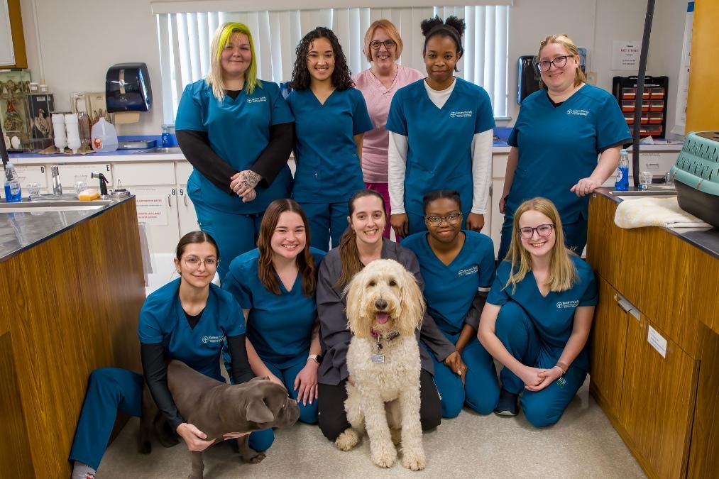 Group of veterinary program students and an instructor in teal scrubs pose in a classroom or clinic setting with two dogs sitting in the front row.