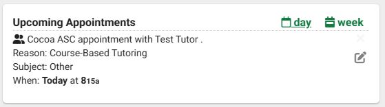Upcoming Appointment widget image with details of sample appointment and an edit button or link to join the appt if online
