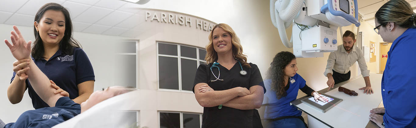 Collage: A student working with a patient, a woman in scrubs in front of a medical building, and three people using hand scanning equipment.