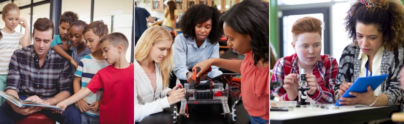 A man reading a book to elementary school-age children; a woman working with tools with high school students; a teacher working at a microscope with a teenager.