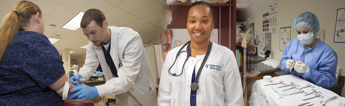 A woman medical assistant with a nurse and doctor at a bedside in the background