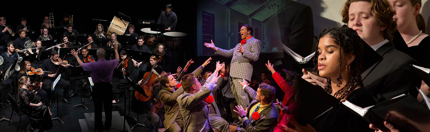 Collage: A conductor leading an orchestra, a musical theatre singer performing while standing on a table, and a choral group reading from their notebooks.