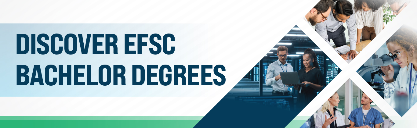 Discover EFSC Bachelor Degrees text with diamond shape images of business, computers and healthcare