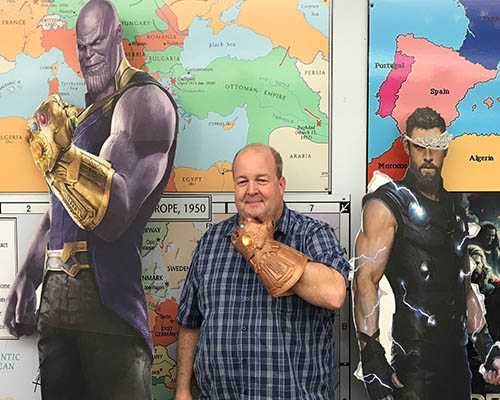 Instructor Luke Leonard shows off Thanos glove