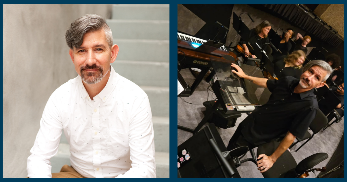 Headshot of Jox Oxford wearing a white button up collaged next to an image of him conducting