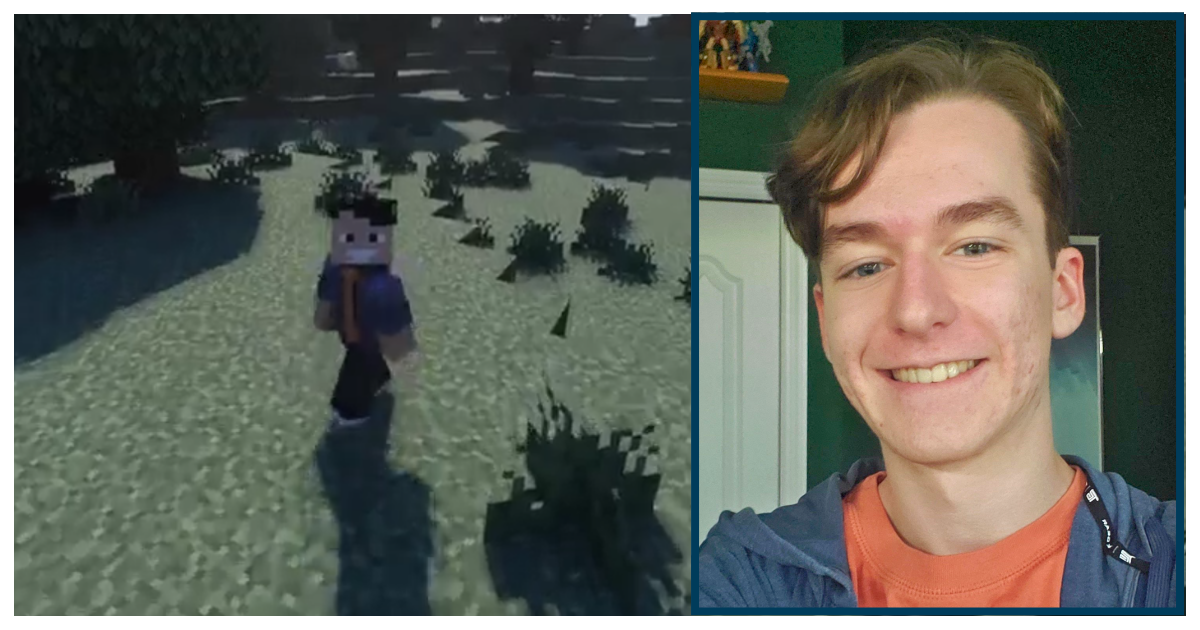 Ryan Radcliffe smiles in a selfie next to the Minecraft version of himself