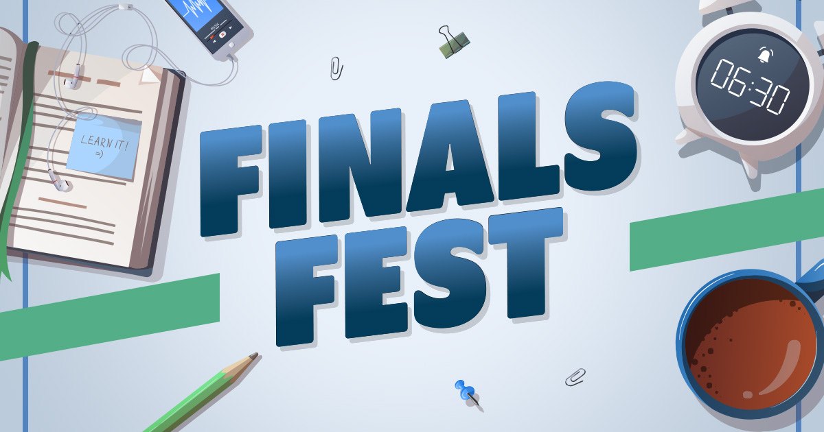 finals fest text with icons such as coffee