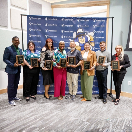 Photo from left: Dr. Michael Cadore, Marcella Cintra, Virginia Lowe, accepting an in-memoriam award on behalf of her husband Chief Mark Lowe, Zechra Williams, Richard Cote, Meara Trine, Alec Baines, and Maria Capella-Miller. Missing were Susan (Hope) Ascher, Dr. Nigel Schultz, Dr. Janet Sikora, and Dr. Scott Whitacre.