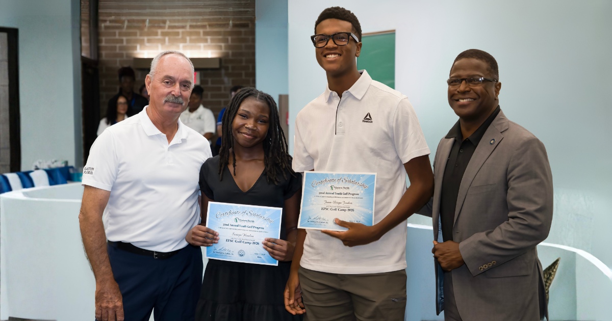 Pictured left to right: EFSC Golf Coach Jamie Howell, Saniya Hunlen, Juan Dieo Jordan, and Dr. Mike Cadore