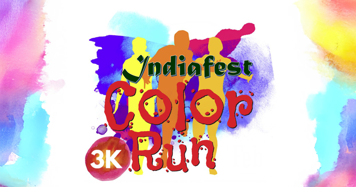 The words IndiaFest Colour Run 3K overtop splashes of colorful paint and running people