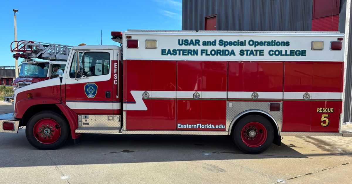 Fire Truck donated by Cocoa Beach Fire Department with the words Eastern Florida State College