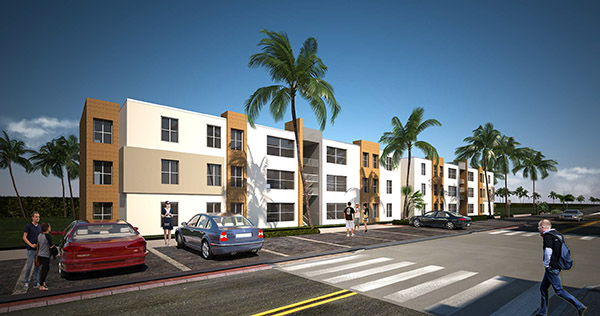 artist rendering of student housing with blue sky