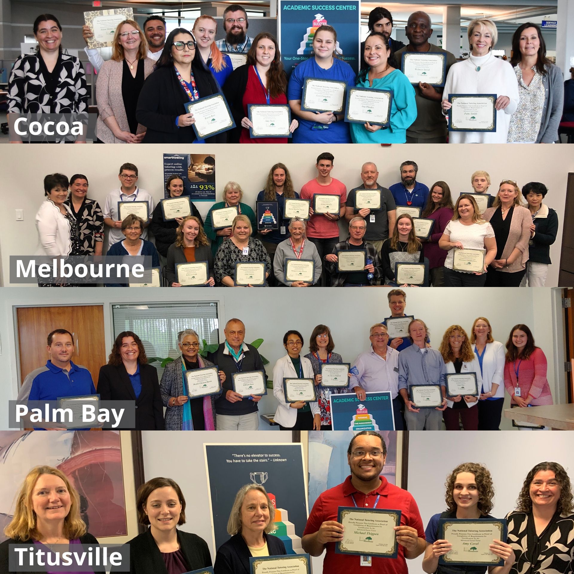 Four images of tutors with certificates