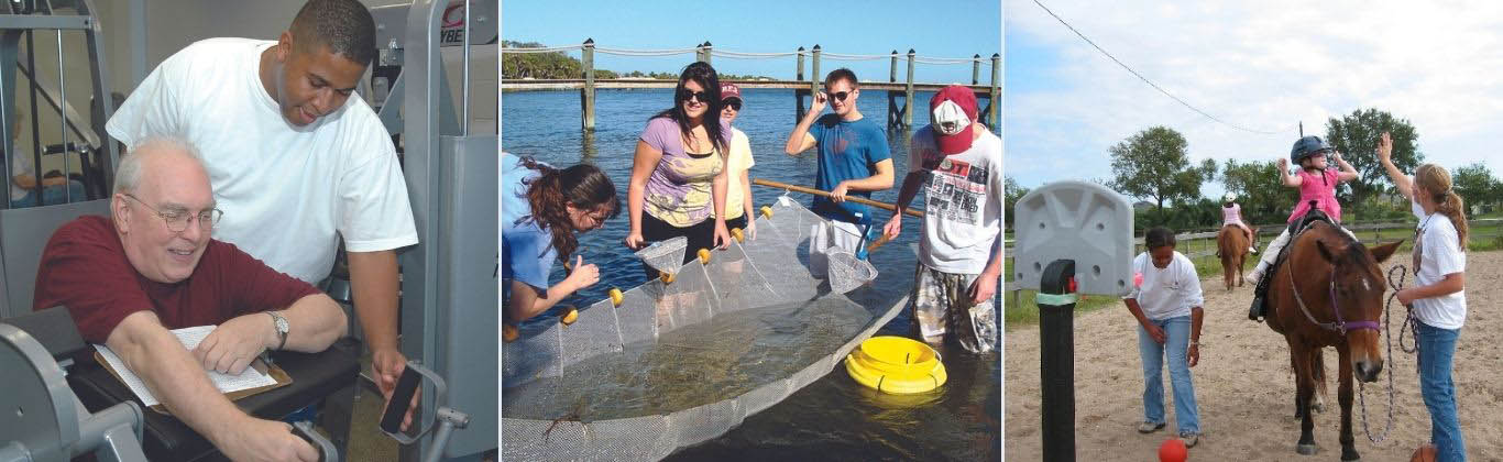 Compilation: A man helps an older man with some exercise equipment, a group of people filter water with a large net, a woman leads a horse with a young child on it.