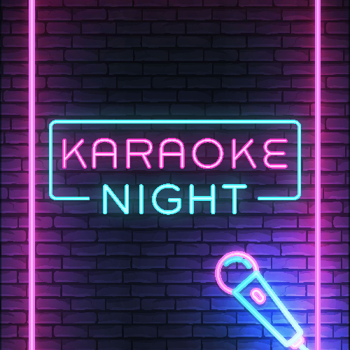 Karaoke Night is written in a neon sign over a brick background