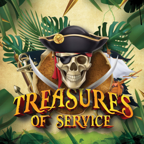 A skull and cross bones over a pile of treasure with the words "Treasures of Service Care Fair"