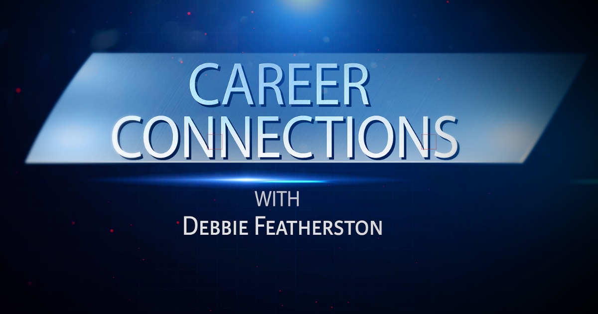 A slide that says career connections with Debbie Featherston in a cool blue visual