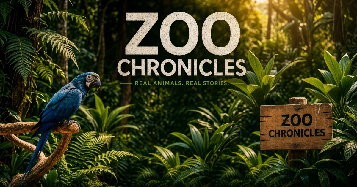 An image of a jungle with a blue parrot that says Zoo Chronicles