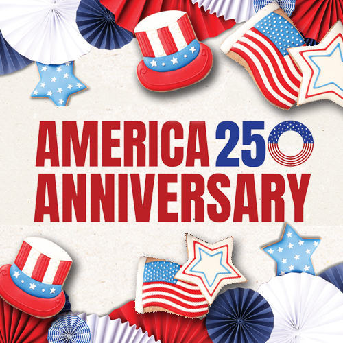 An image of patriotic cookies with the words America 250th Anniversary